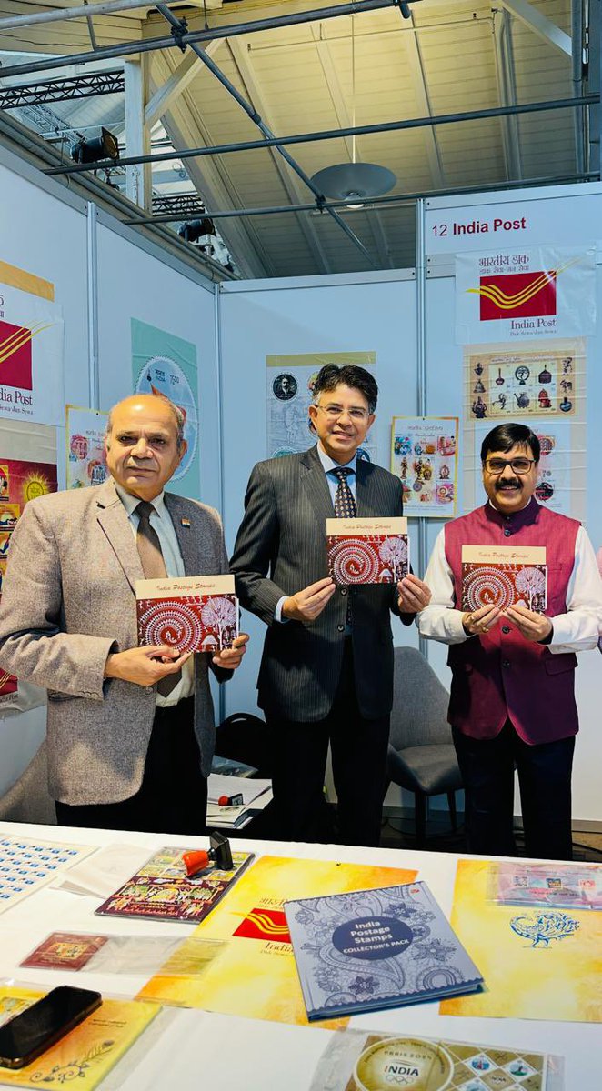 IndiaPostOffice's tweet photo. A special cover for Diwali, the Festival of Lights, was unveiled by Shri. Sachin Kishore DDG (Philately) @sachinkishore70 and Shri Manish Prabhat @manishprabhat06 , the Indian Ambassador to Denmark at the HAFNIA 24 European Stamp Exhibition today. https://t.co/3RYKFDwMCj
