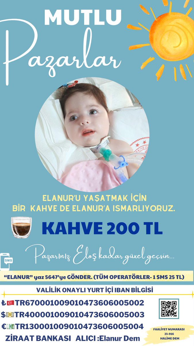 Elanur büyüsün çocukluğunu yaşasın diye bugün pazar  kahvelerinizi Elanur için alır mısınız? ✨🤍🧚🏻‍♀️ Elanur’un sizin 200 TL’lerinize ihtiyacı var. Bu yolda sizler de bugün Elanur için 200 TL bağışta bulunur musunuz? 🙏🏻✨🧚🏻‍♀️

🧚🏻‍♀️SMA DEĞİL ELANUR KAZANACAK🧚🏻‍♀️

YURT İÇİ İBANLARIMIZ 

TL