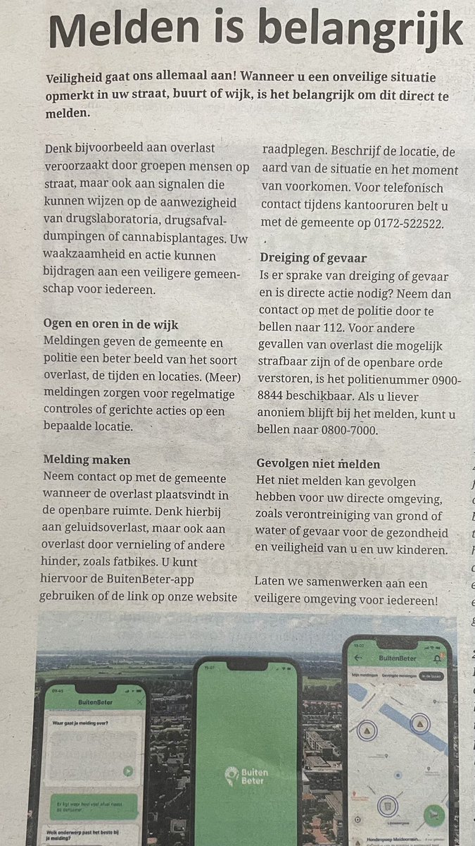 In <a href="/kijkopbr/">Kijk op Bodegraven-Reeuwijk</a> van woensdag 16oktober 2024 vraagt <a href="/gem_BR/">Bodegraven-Reeuwijk</a> iedereen melding te maken van overlast, veiligheid en ondermijning. Ze vraagt: “Laten we samenwerken”
Al jaren negeert de gemeente meldingen en handelt ze af zonder communicatie. eenzijdige samenwerking is géén samenwerking!