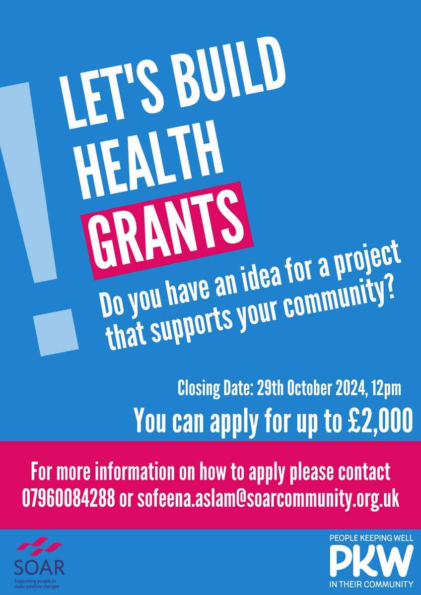 Don't miss out on our Let's Build Health Grants! 📢

Build activities in your community and apply now for up to £2,000! Find all the details on our website, and get in touch if you have any questions 👇
soarcommunity.org.uk/families-commu…