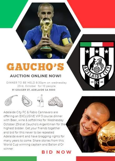 AdelaideCityFC's tweet photo. ACFC is thrilled to announce the exclusive visit of Italy's legendary 2006 World Cup winning captain, Fabio Cannavaro, on Wednesday, 23 October. The club is excited to offer an intimate experience—a private dinner with him for you and 9 friends. 

https://t.co/bb8Xu5K8YW https://t.co/QmYkQr9cQw
