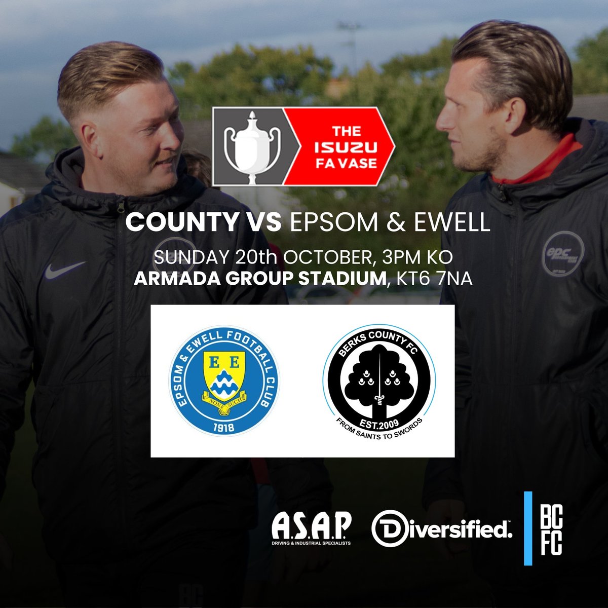 berkscountyfc's tweet photo. GAME DAY ⚔️ 
We are in FA Vase action today as we travel to @EpsomEwellFC 

🎟 Adults - £9 
🎟 Commission - £6 
🎟 U16 - Free 
🎟 Armed Forces &amp; NHS - Free 

See you there 👀 
Hopefully 🌧 https://t.co/8CMNOeCdV1