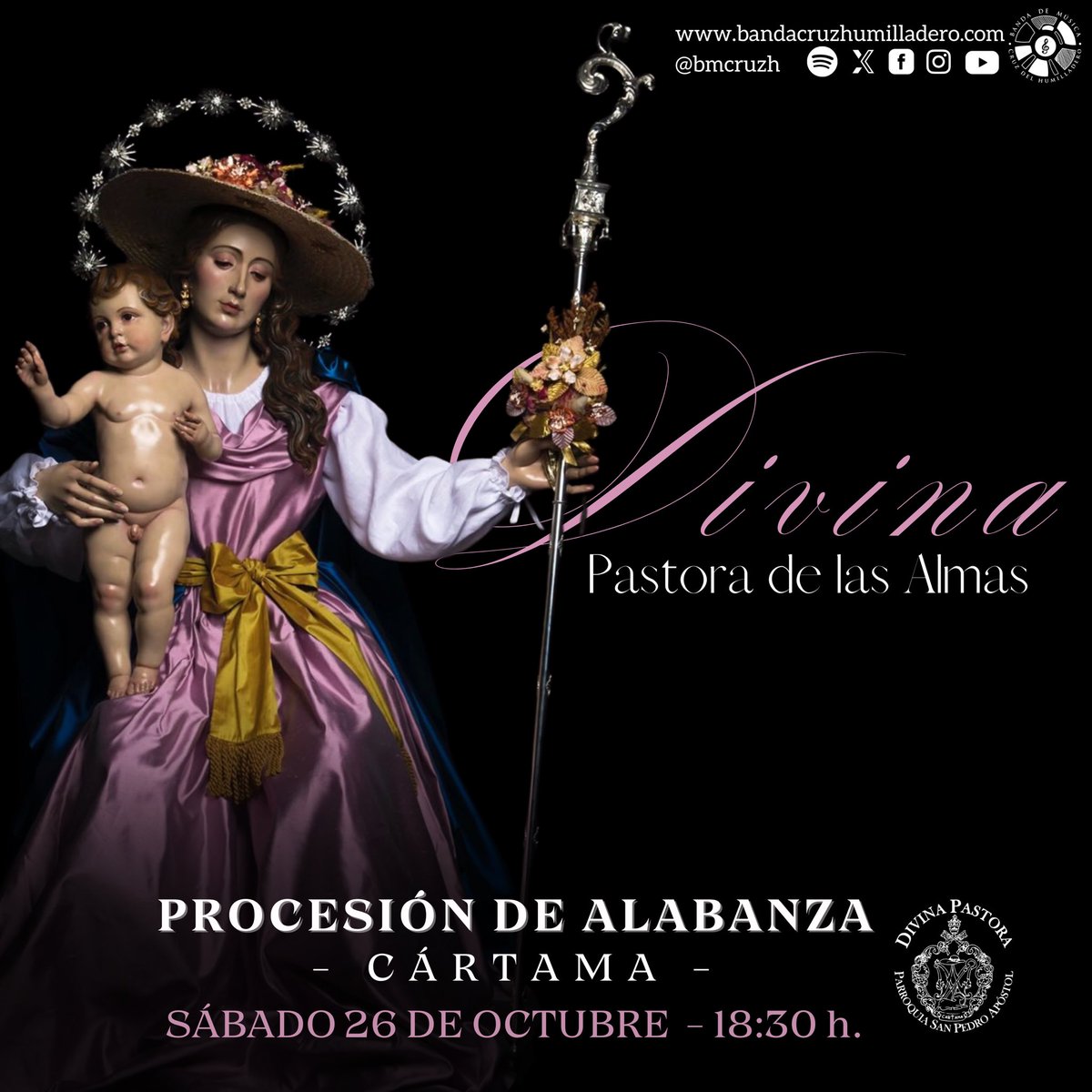 BMcruzh's tweet photo. 📣 𝐎𝐅𝐈𝐂𝐈𝐀𝐋 | El sábado 26 de octubre nos trasladaremos un año más hasta Cártama para poner nuestros sones en la Procesión de Alabanza de la Divina Pastora de las Almas. 

⏰ 18:30h.
📍Iglesia de San Pedro Apóstol.

#SuenaCruzHumilladero
#CofradíasMLG https://t.co/pjla4Fsw0y