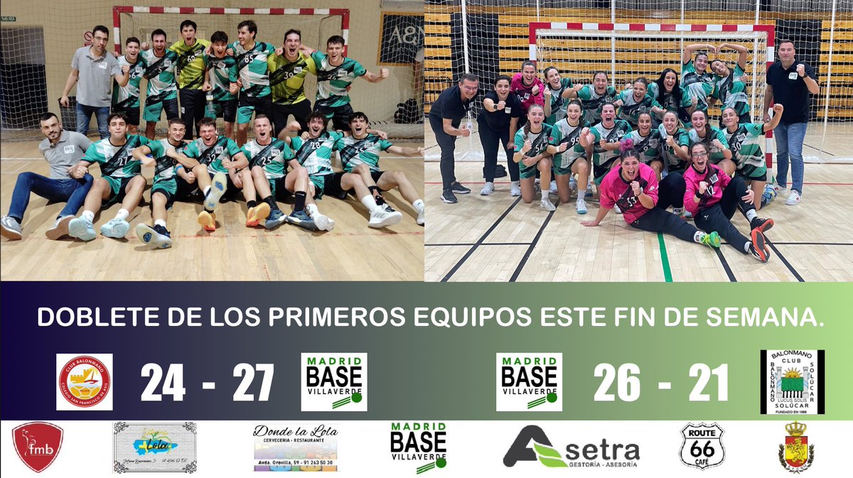 Victoria de los primeros equipos senior del Madrid Balonmano <a href="/base_villaverde/">Madrid Base Villaverde</a>. El #1ª NM en Malaga obtiene los primeros puntos de la 24/25.
El #DHPF gana frente al Bm. Solucar de Sevilla y ya son 3 consecutivos en +.
Se confirma la progresión de ambos. Enhorabuena a tod@s.