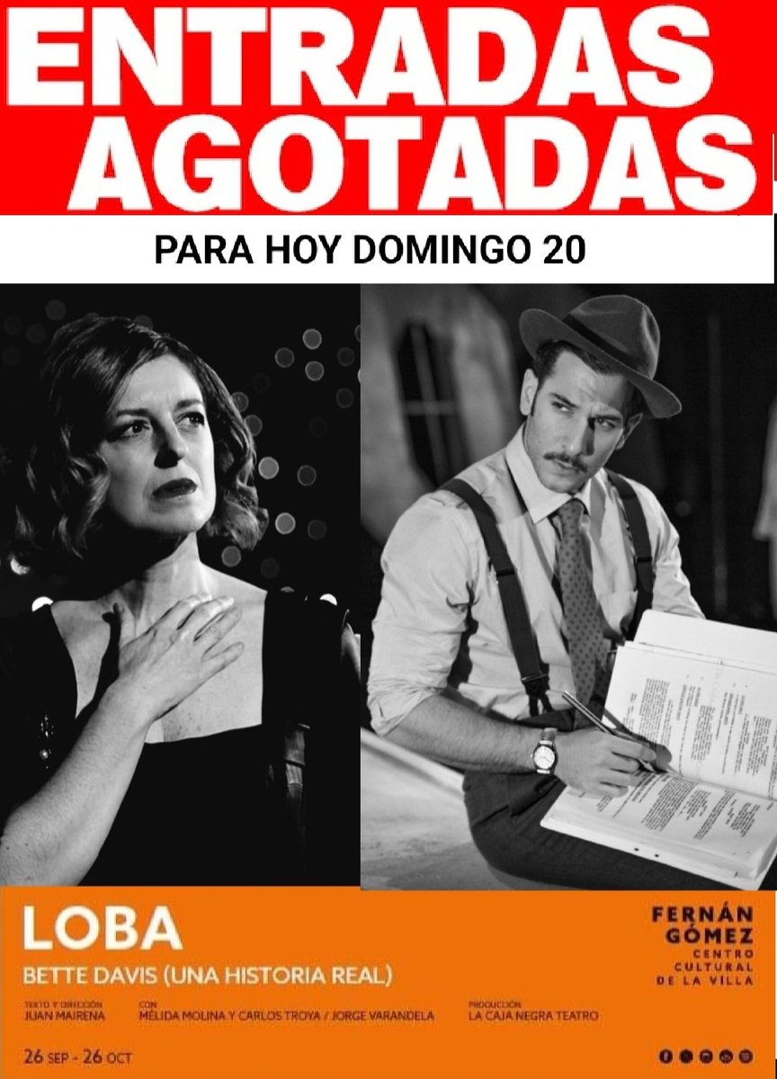 Acabamos la semana con entradas agotadas y vamos a por la última semana.
# ¡Últimos días, últimas entradas!
Teatro Fernan Gomez <a href="/fernangomezCCV/">Fernán Gómez CCV</a>
#IMPRORROGABLE