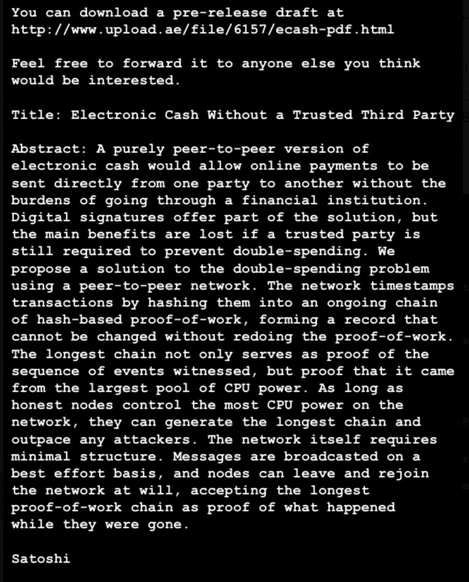 ⚡️FLASHBACK: The first #Bitcoin whitepaper draft written by Satoshi Nakamoto  16 years ago. A true visionary 🔥
