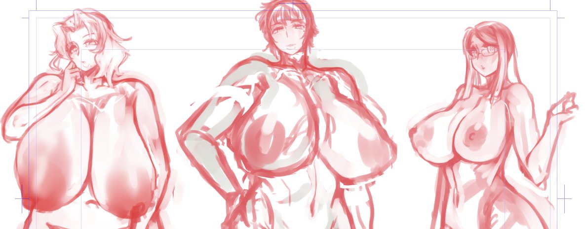 SkebリクエストでクライアントさまOCの祖父母娘三代立ち絵ラフ出し中です 