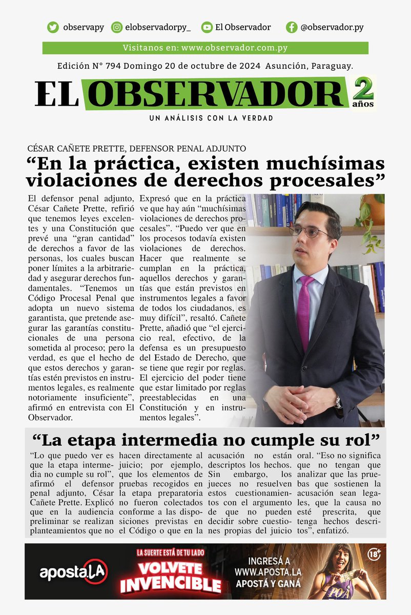 ¡Buenos días!

✅Compartimos con ustedes la tapa🗞️

⛅️Cálido a caluroso, cielo parcialmente nublado a nublado, vientos del noreste.

Max: 31°

📌Podes leernos en: observador.com.py