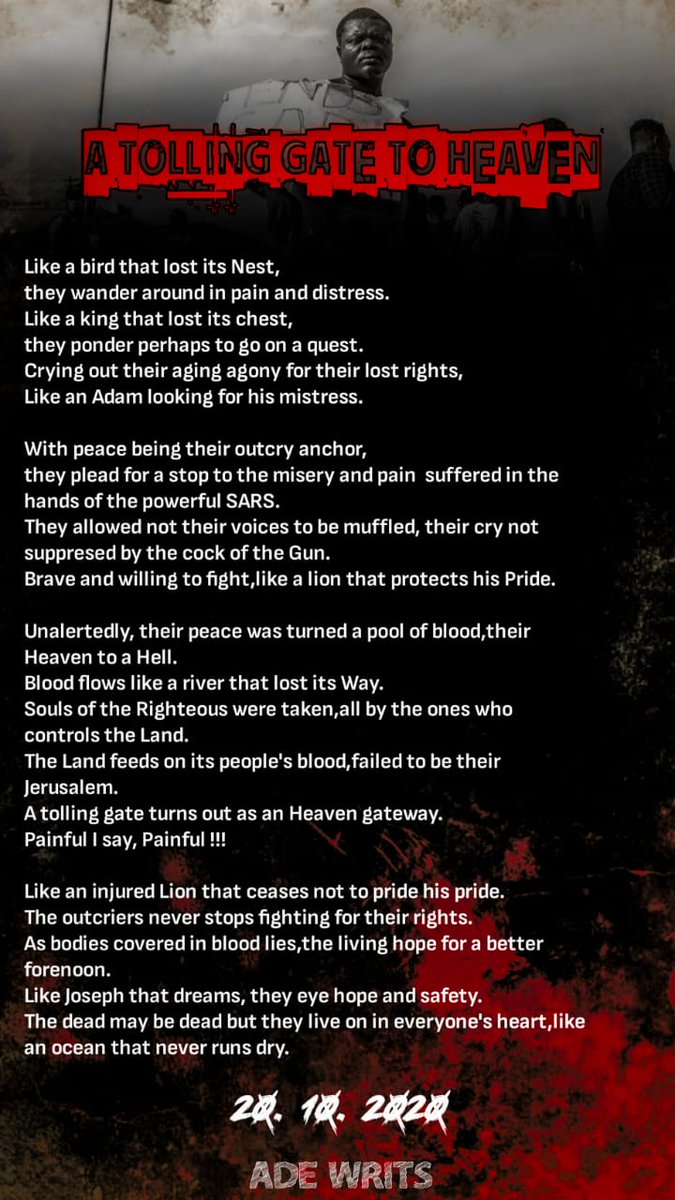 Kolijay99's tweet image. They may have forgotten, WE HAVE NOT 🖤💔🕊️. This is in honour of every soul that got taken in the #EndSarsProtests . Nigerians, this piece of poetry is FOR THEM. kindly Read,preach it around and engage massively.

#EndSarsMemorial4 
#EndSarsProtest 
#EndSARSMemorial 
#ENDSARS