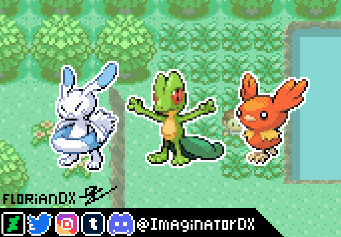 ImaginatorDX's tweet photo. Sprite style RSE des bêta starter de la 3g, le lapin je l'ai entièrement spriter et les 2 autres ces des édite. 🌊🔥🌱#pixelart #fangame #pokemon #Pokemonleaks #PokemonLeak #wallabit #treecko #torchic https://t.co/BRkA1dUMrU