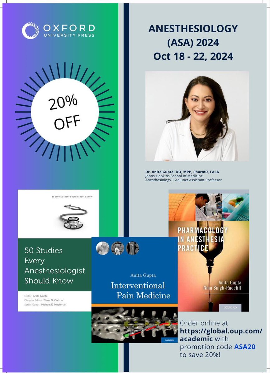 DocAnitaGupta's tweet image. Join the conversation at #ANES2024
Explore the latest advancements in #anesthesiology &amp;amp; #pain management
Connect with fellow #medicalexperts
Enhance your knowledge &amp;amp; skills

Special Offer! Get 20% off books with code ASA20 at global.oup.com
Oct 18-22 | Don&apos;t miss out!…