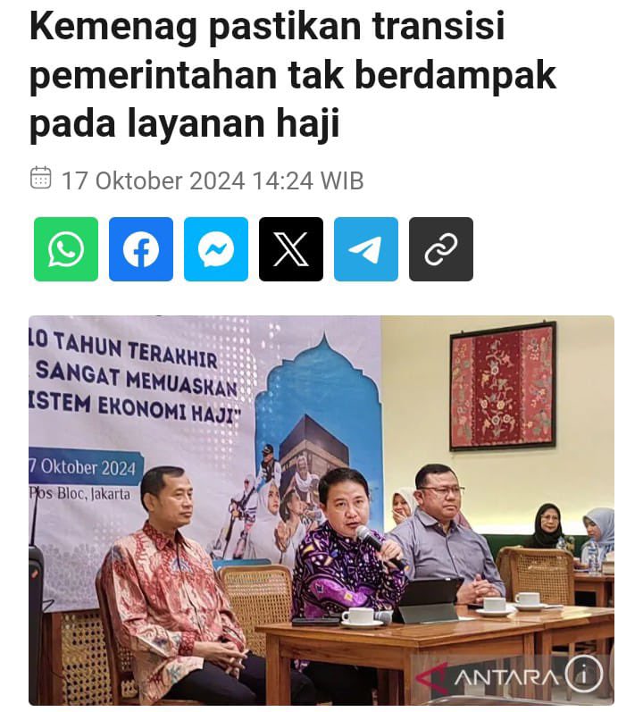 Kementerian Agama memastikan transisi pemerintahan dari Presiden Joko Widodo ke Presiden Terpilih Prabowo Subianto tidak akan terlalu berdampak pada persiapan penyelenggaraan dan layanan ibadah haji 1446 Hijriah/2025 Masehi.
_