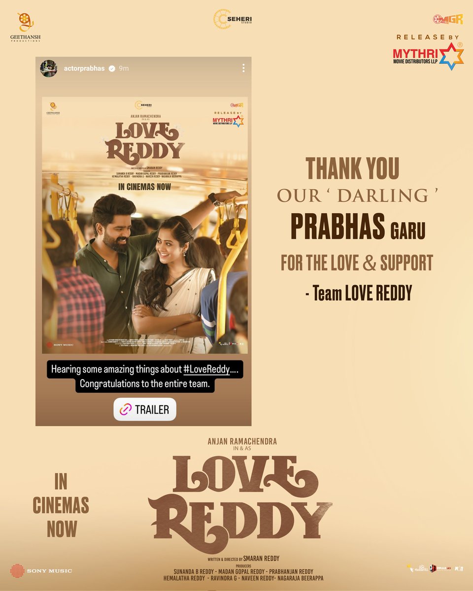 Darling at heart! #PrabhasForLoveReddy ❤️

Rebel Star #Prabhas shared his best to the team #LoveReddy, on hearing amazing and positive things about the film. ❤️‍🔥

Book your tickets now!
- linktr.ee/LoveReddyTicke…

A <a href="/MythriRelease/">Mythri Movie Distributors LLP</a> ❤️‍🔥

<a href="/anjanramchendra/">Anjan Ramachendra</a> <a href="/Shravani77/">Shravani krishnaveni</a> <a href="/sindalaprince/">Prince JosephSindala</a>