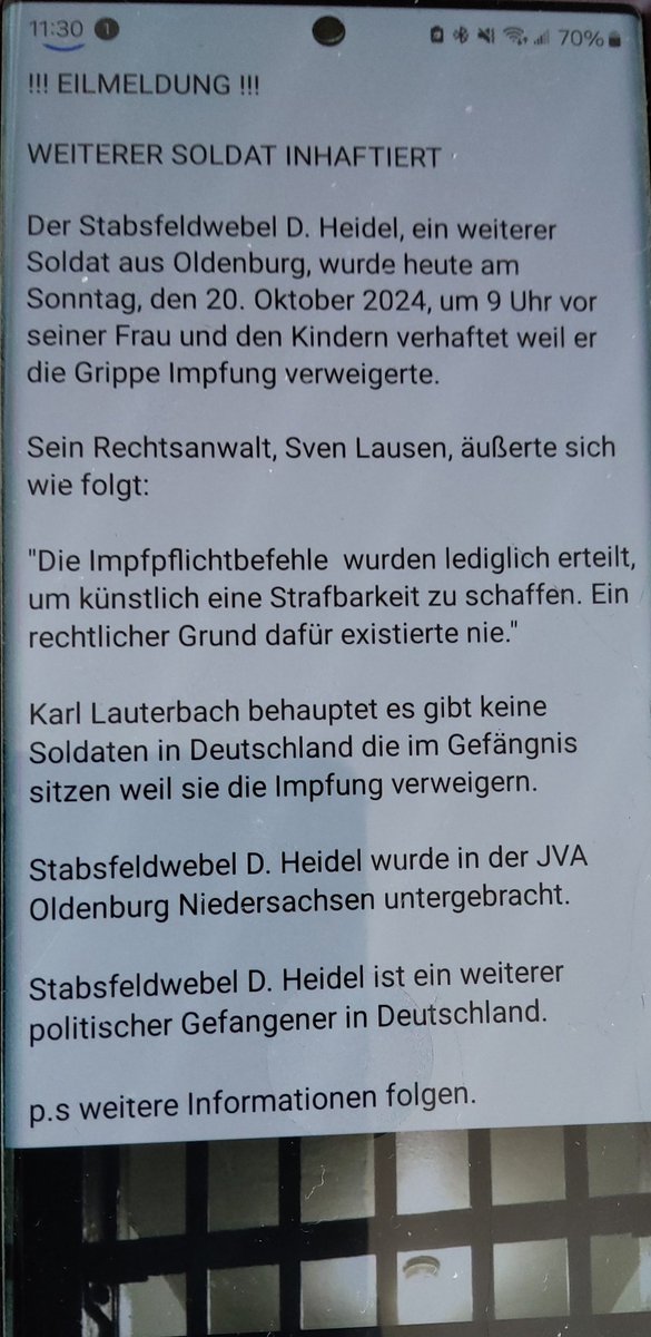 Nach Alexander Bittner der nächste Soldat,der wegen der C-Impfverweigerung verhaftet wurde.Und <a href="/Karl_Lauterbach/">Prof. Karl Lauterbach</a> behauptet,in DE würde niemand deswegen in den Knast kommen.
