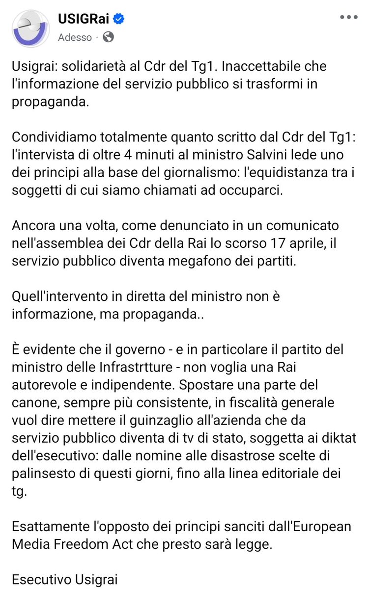 Da Usigrai solidarietà al Cdr del <a href="/Tg1Rai/">Tg1</a>, inaccettabile che l'informazione della #Rai servizio pubblico si trasformi in propaganda