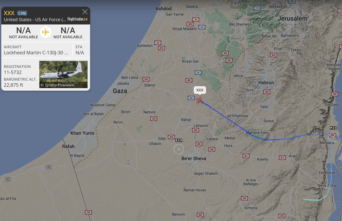 TheSnoopySnoop's tweet photo. Airborne from Nevatim Air Base, Israel (but who knows if GPS spoofing makes it accurate)
USAF C-130J-30 #AE4E0E 11-5732 317th AW Dyess
#avgeek #planespotting https://t.co/22fEZayFOa