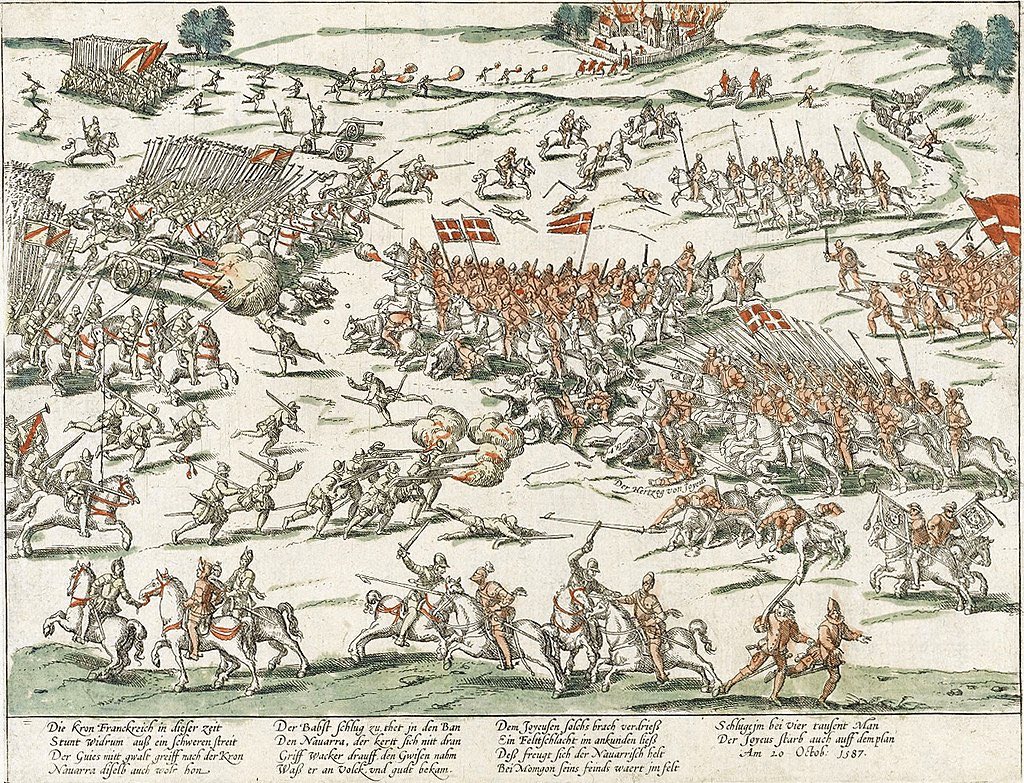 20-10-1587 : Suite à l’édit de Nemours, la guerre entre la ligue et les huguenots reprend. Henri de Navarre (futur Henri IV) écrase l’armée royale de Henri III à Coutras (Guyenne) et exécute son commandant, Anne de Joyeuse, qui s’était rendu coupable de massacres de huguenots.