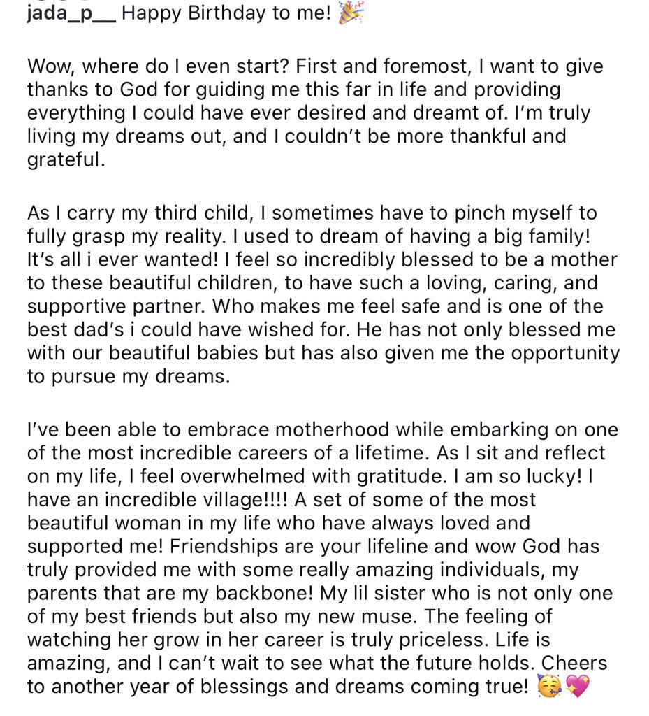 Derahback's tweet photo. “Wizkid is such a loving, caring, and supportive partner who makes me feel safe and he’s one of the best dad's i could have wished for. He has not only blessed me with our beautiful babies but has also given me the opportunity to pursue my dreams.” 

  - Jada P ❤️ https://t.co/XawxoUB9KT