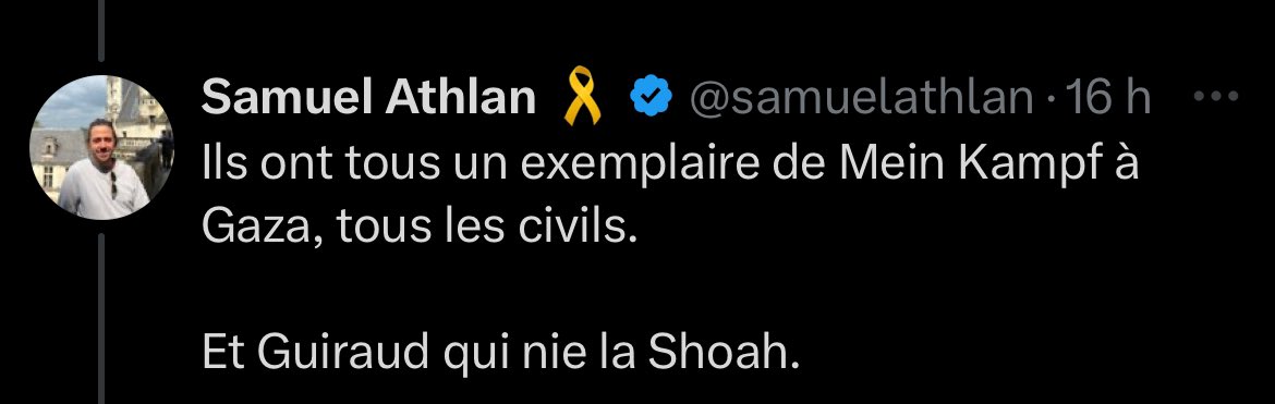 Samuel a intérêt à faire comme si les palestiniens avaient un quelconque lien avec le nazisme : Effacer la colonisation &amp; le nettoyage ethnique subis par le peuple palestinien, le déshumaniser et justifier le génocide
Il en profite pour diffamer <a href="/GuiraudInd/">David Guiraud</a> 
Samuel est un menteur