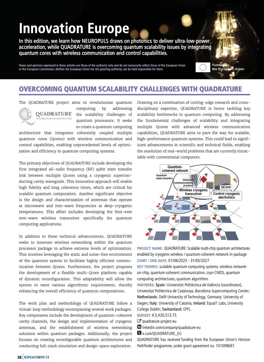 🚀 Big news! An article on #QUADRATURE tackling quantum scalability is featured in HiPEAC's latest issue! Discover how we integrate quantum cores &amp; wireless tech! pg. 38 👉 lnkd.in/eXUJe8UA