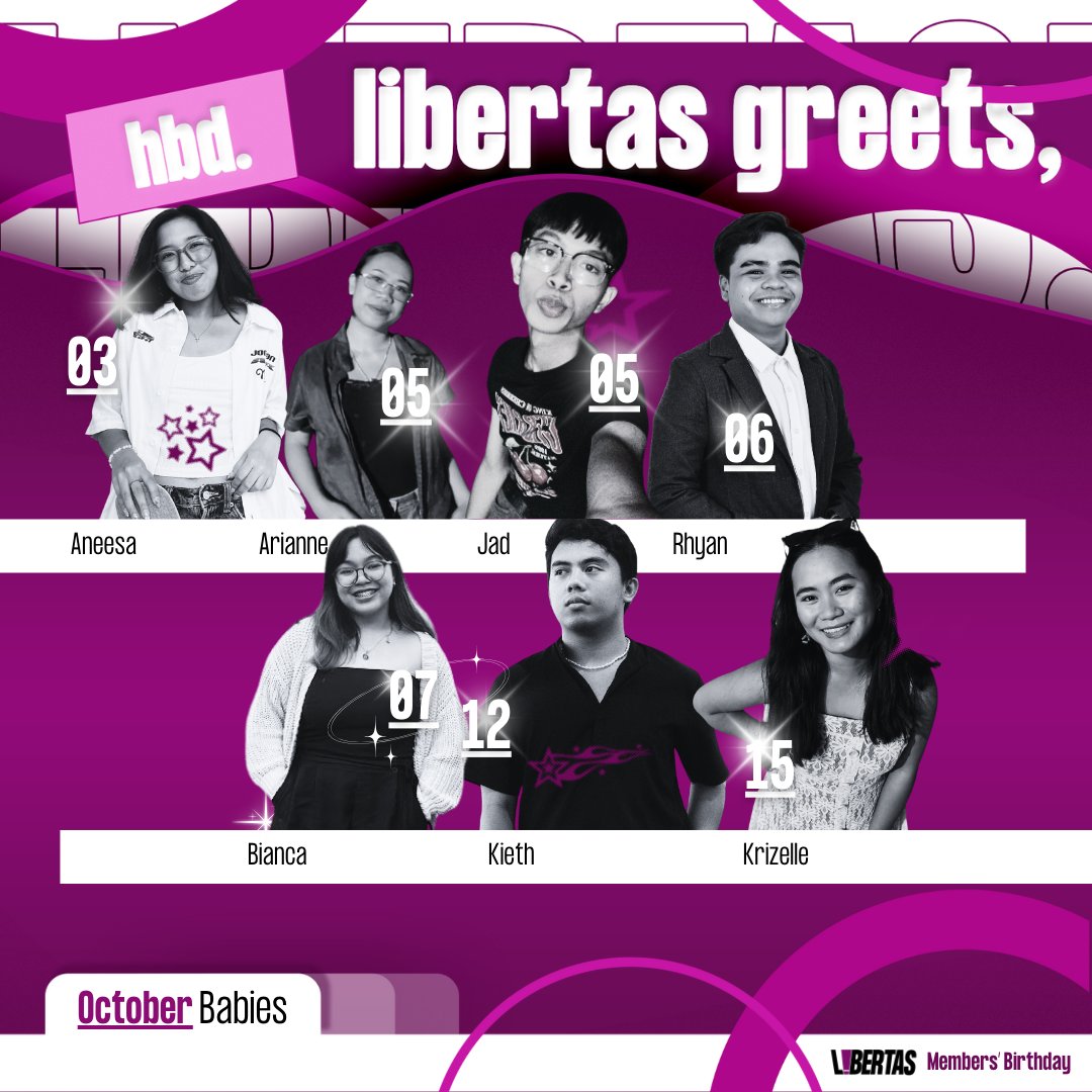 UPVLibertas's tweet photo. Fell in love in October 🎵🎶 because YOU exist 🫵  

UPV Libertas wishes our October babies their happiest birthdays! 💜🥳 We cannot imagine UPV Libertas without your creative minds and burning passion 🖋️🎤🎬💻  

Let’s celebrate again on the same day next year??! 😉 See you👀🫶 https://t.co/Rf1GVhnrHb