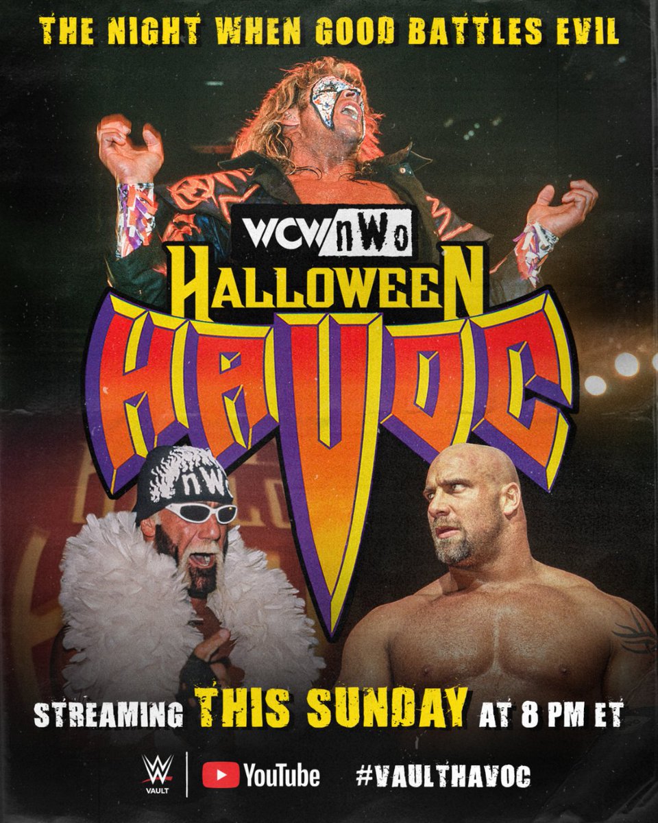 WWE's tweet photo. STREAMING TONIGHT 🎃 

WWE Vault presents WCW Halloween Havoc 1998! 

The Night When Good Battles Evil

🔔 8 PM ET/5 PM PT
👉 https://t.co/9DNl3Zt0XP 

#VaultHavoc https://t.co/lTf3Lln6FR