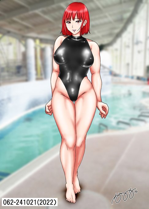 本日のイラスト(2024/10/21)「プールの人妻が着て来た水着は」あの人妻が、プールサイドではなんと水球用の「S2000」を着用していた。若い頃水球をやってた? 巨乳をホールドするのにハイネックが都合いい?ヤフオクで見つけた格好いい水着がこれだった?真相は謎だが、エッチなのでヨシ。 