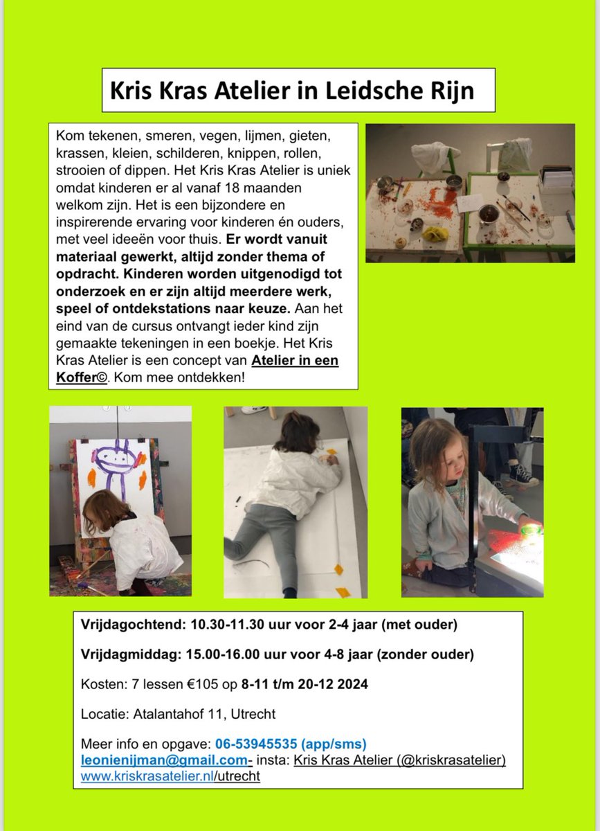 Knutselatelier voor kinderen van 2-4 en van 4-8 jaar door KT-Leonie.

kriskrasatelier.nl/utrecht
#LeidscheRijn