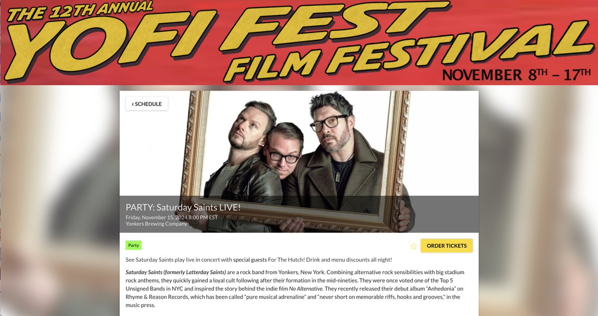 There will be a #SaturdaySaints EXTRAVAGANZA at <a href="/YoFiFest/">YoFiFest</a> on Friday, November 15th! Our documentary #THESAINTSOFBRONXVILLE will be premiering at the fest, then followed by a LIVE performance <a href="/YonkersBrewing/">Yonkers Brewing</a>!

FILM: lnkd.in/eVXWPuj9
SHOW: lnkd.in/emwbTfBh

ROCK!
