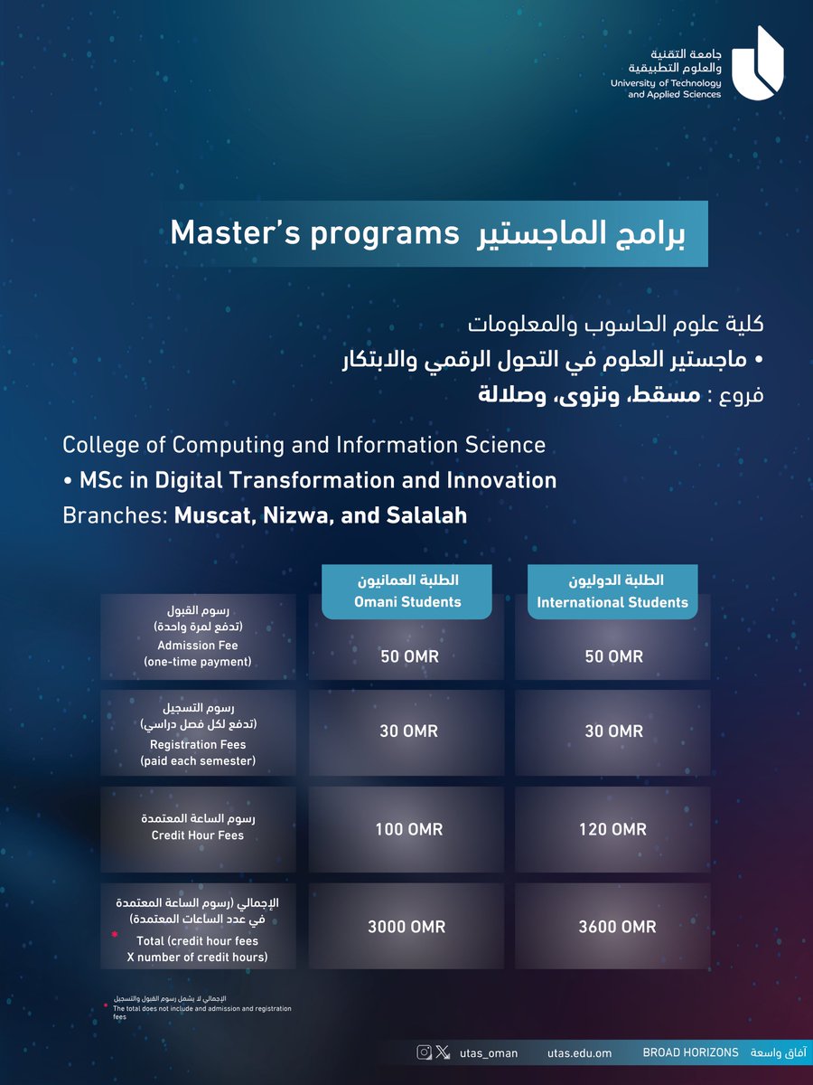utas_oman's tweet photo. #يوتاس |

برامج الماجستير بـ #جامعة_التقنية_والعلوم_التطبيقية 
Master's programs at #utas https://t.co/XLtkQYrv1r