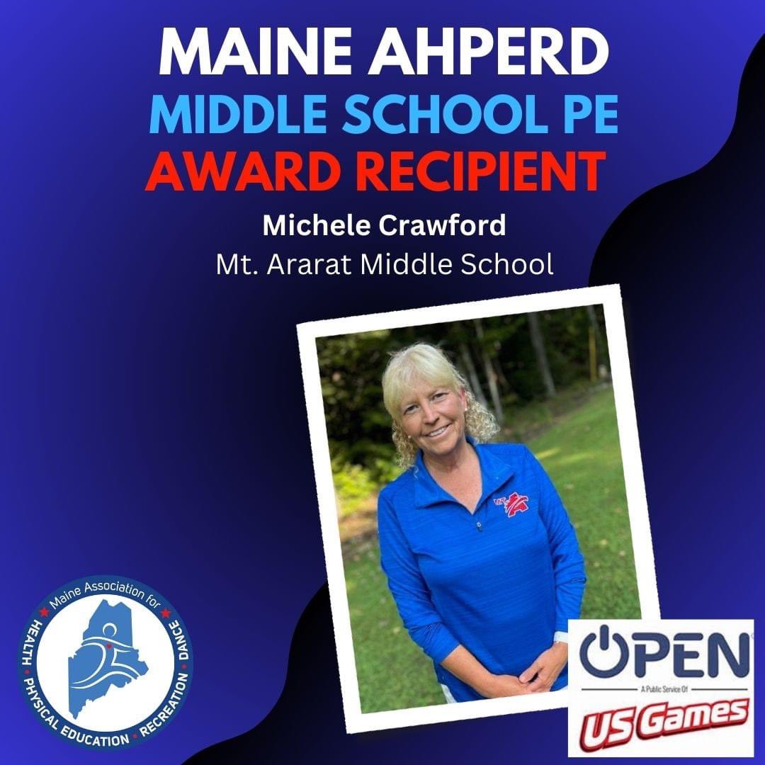 MaineAHPERD's tweet photo. Announcing our 2024 Maine AHPERD Middle School Physical Education Teacher of the Year, Michele Crawford! Our Teacher of the Year will be recognized at our annual banquet on November 3rd. https://t.co/EPzwQEAgUZ