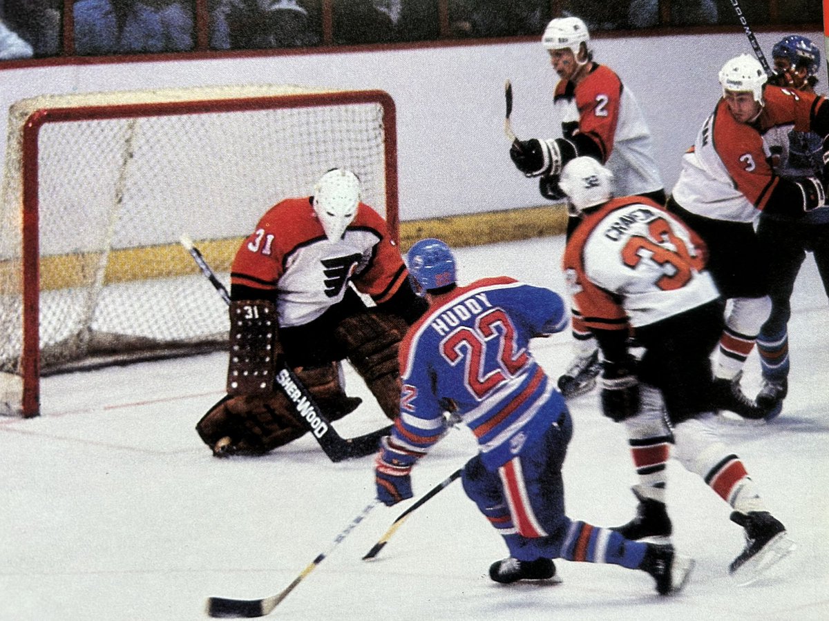 Claude6Landry's tweet photo. #PelleLindbergh makes the save. (Above) Flyer defenceman #DougCrossman sends Oilers' #MikeKrushelnyski to the ice behind the net. (Right) McClelland and Hospodar renew acquaintances. https://t.co/pW653YXrKp