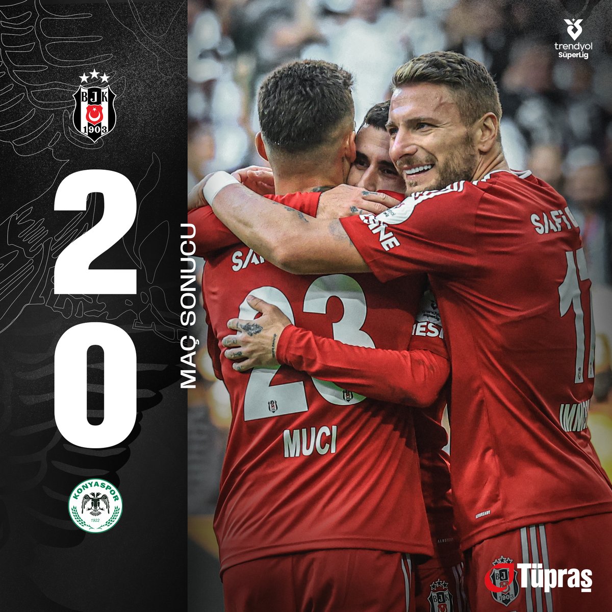 MAÇ SONUCU | Trendyol Süper Lig'in 9. haftasında T. Konyaspor'u 2-0 mağlup ediyoruz.

⚽ 30’ Immobile
⚽ 45+2’ Rafa Silva

#BJKvKON [2-0] 
<a href="/tupras/">Tüpraş</a>