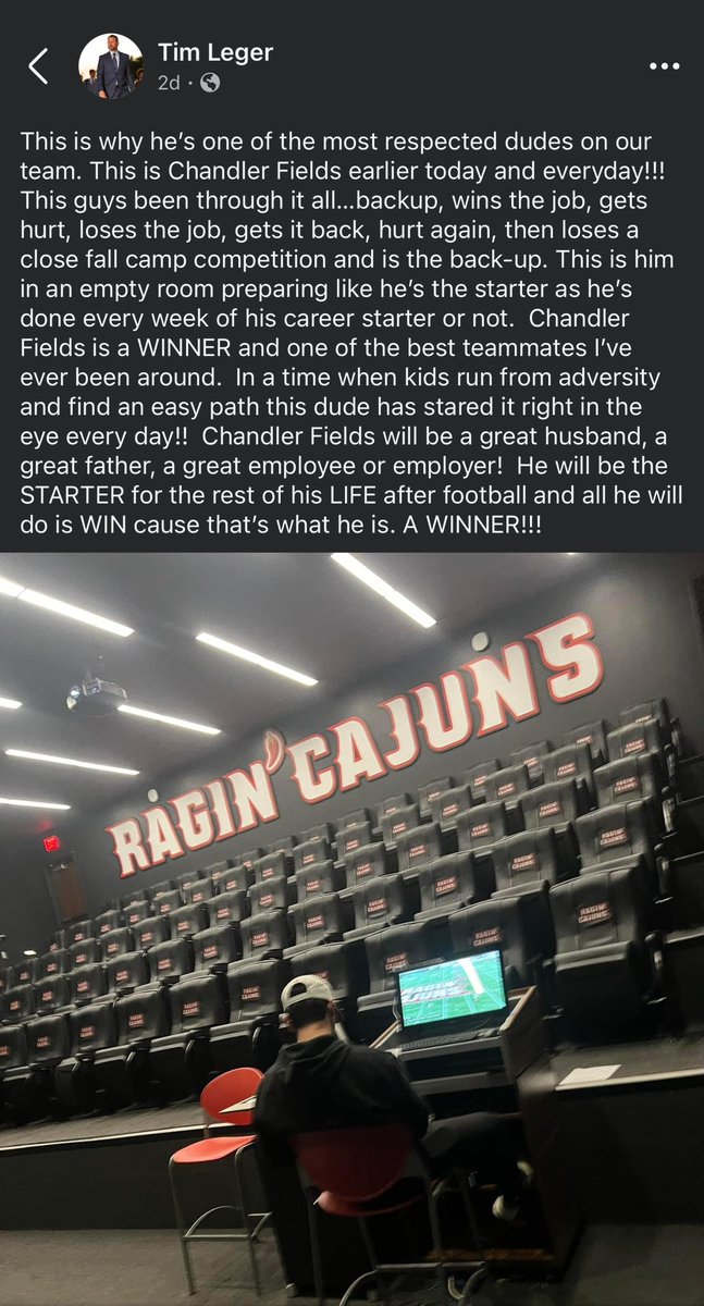 He might not be QB1 on the field today, but <a href="/1chandlerfields/">Chandler Fields</a> exemplifies what it is to be a Ragin’ Cajun.  We are not 6-1 without this guy on the team.  Period.  Thanks Coach <a href="/leg12tim/">Tim Leger</a> for sharing.