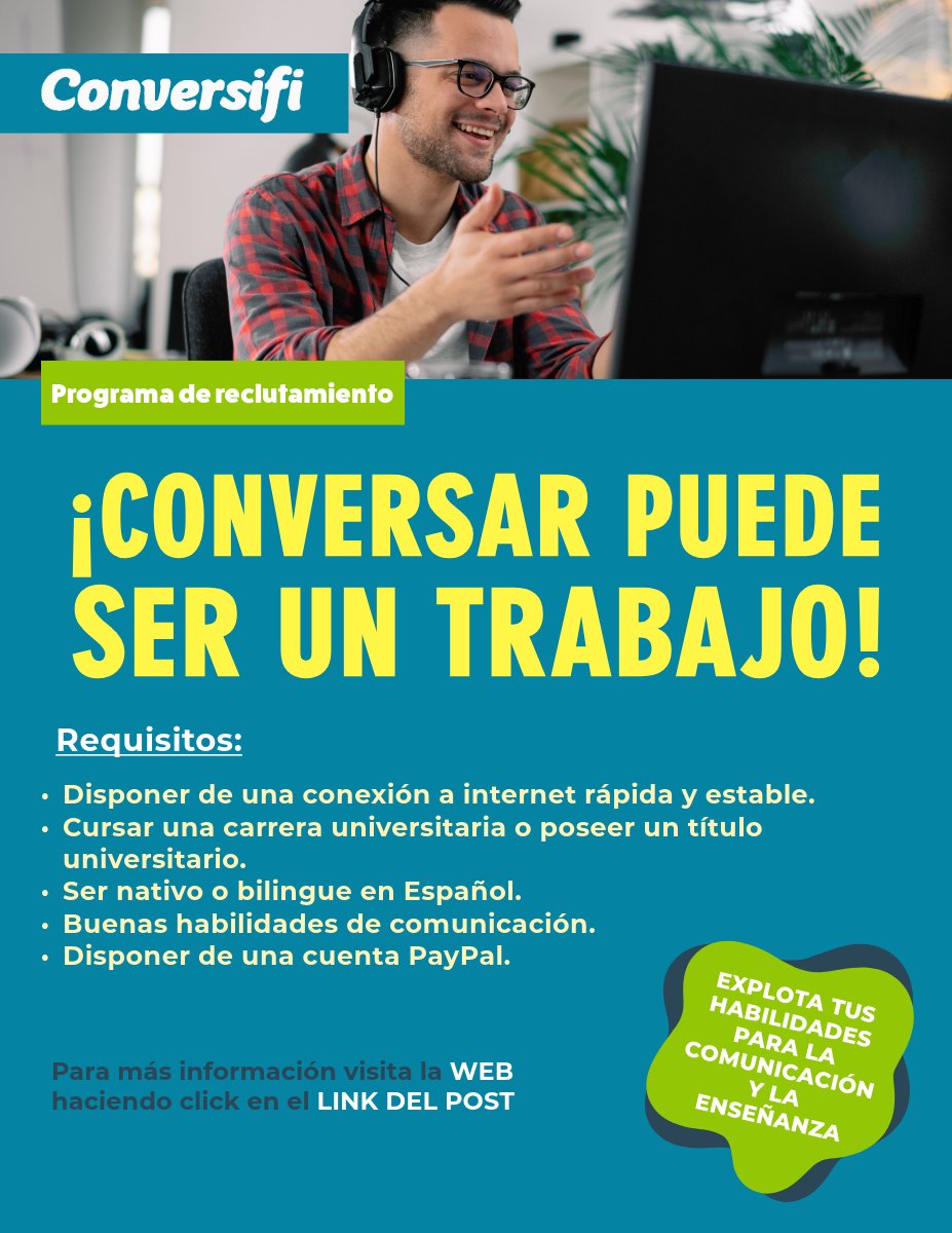 YraniB's tweet photo. ¡Pues sí, también se puede trabajar conversando! 
Conoce los detalles en esta página web 👇 https://t.co/vDSU2HIYAl…
#LATAM #TrabajoEnLinea #LatinoAmérica https://t.co/MPN2MexGXP