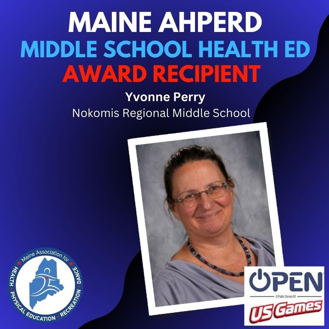 MaineAHPERD's tweet photo. Announcing our 2024 Maine AHPERD Middle School Health Education Teacher of the Year, Yvonne Perry! Our Teacher of the Year recipients will be recognized at our annual banquet on November 3rd. https://t.co/Y5M8gect7M