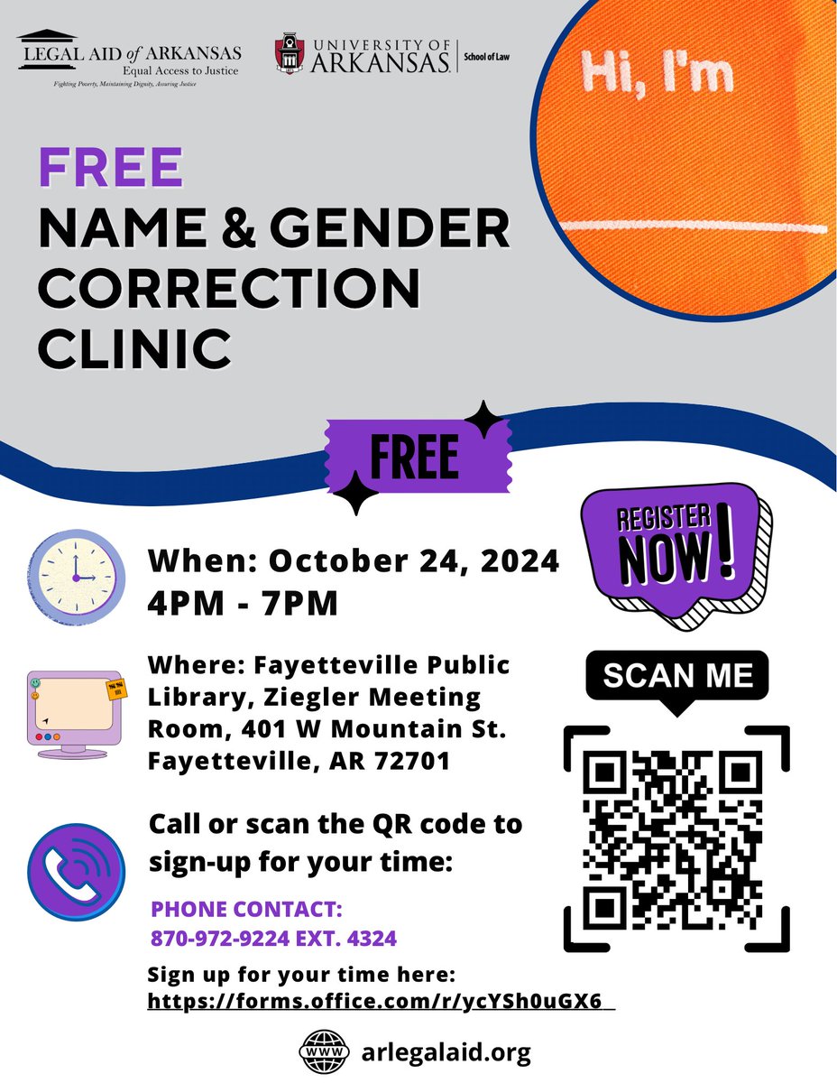 FREE Name and Gender Correction Clinic 
📍 Location: University of Arkansas School of Law ⏰ Time: 4 pm - 7 pm

 #LegalAid #ArkansasEquality #FreeLegalClinic #legalaidofarkansas