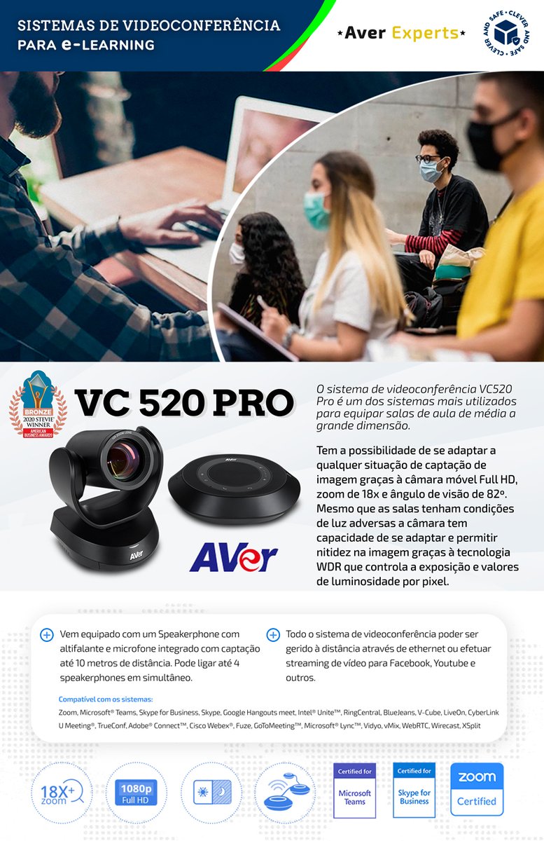 Clevermaster3's tweet photo. O sistema de videoconferência Aver VC520 Pro2 é um dos sistemas mais utilizados para equipar salas de reunião e de aula de média e grande dimensão. Mais informação em https://t.co/qABTjvgVCa https://t.co/IqzHV3h0dA