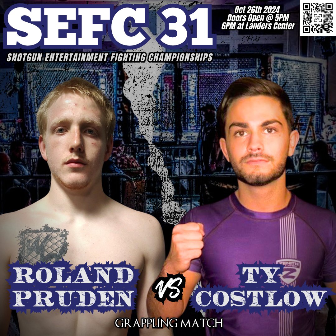 SEFCShotgunEnt's tweet photo. We have a late addition to the card for SEFC 31 next weekend! We're thrilled to have Roland Pruden and Ty Costlow competing in a grappling match!

Come out and have some fun with us this Saturday night in Southaven!

#SEFC31 #SEFC #MMATwitter #MMA https://t.co/VArQacKhqO
