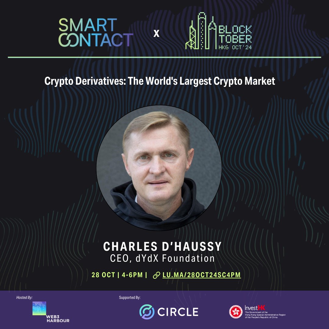 web3harbour's tweet photo. 🚀 Join our #SMARTCONTACT conversation on 28 Oct with @charlesdhaussy , CEO of @dydxfoundation - live in #HongKong.  dYdX Chain is recording USD250b trading volume in the past 10 months, how did that happen? Does regulation hurt or help DeFi derivatives?
🔗https://t.co/efGmKWxLMY https://t.co/6q25ub4e5s