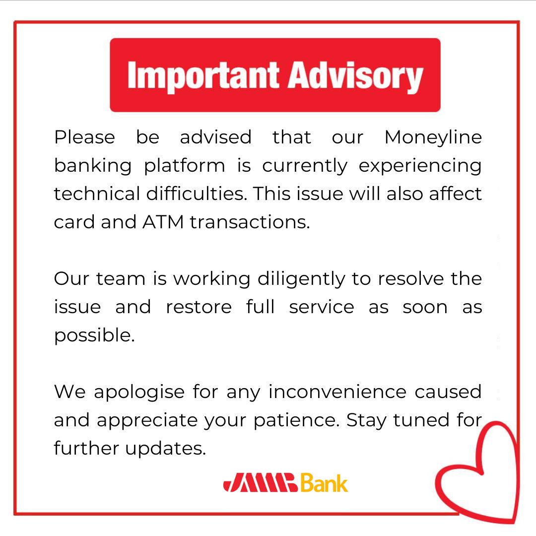 Important Advisory ❗❗
Please be advised that our Moneyline banking platform is currently experiencing technical difficulties. This issue will also affect card and ATM transactions. Our team is working diligently to resolve the issue and restore full service as soon as possible.