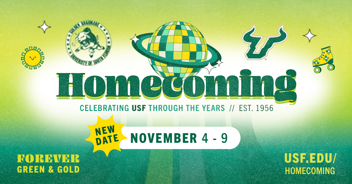 ICYMI: #USF Homecoming has a new date! 📆

Join us for a week-long celebration of Bull Pride from Nov. 4th – 9th. Our annual Homecoming Parade will take place Friday, Nov. 8 and <a href="/USFFootball/">USF Football</a> plays at Raymond James on Saturday, Nov. 9!🤘