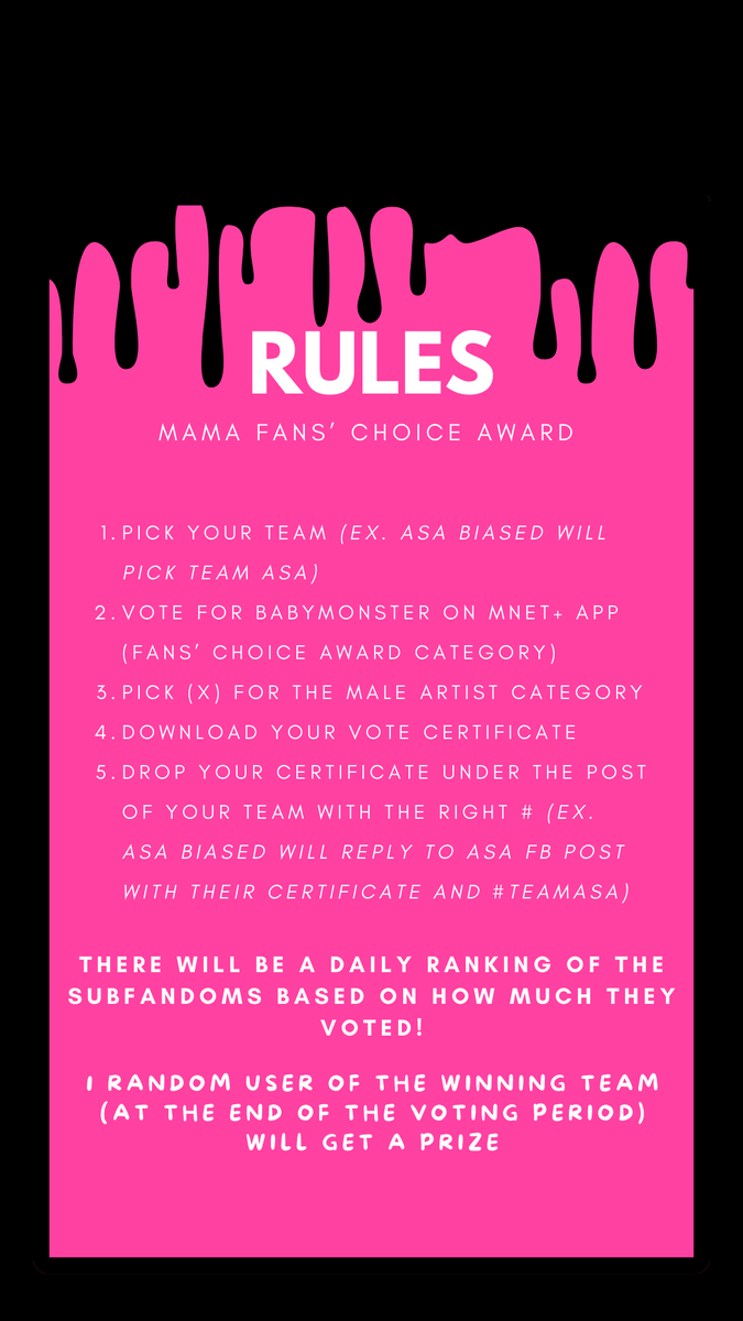 PHARITA_VT's tweet photo. 🏆 MAMA FANS' CHOICE AWARD COLLABORATION 🏆

Join a team and drop your voting proof with the # under your fanbase's post! Check the image for more infos!

#TEAMRUKA
#TEAMPHARITA
#TEAMASA
#TEAMAHYEON
#TEAMCHIQUITA

A prize will be given to a user of the winning team! https://t.co/CLd54QAkjT