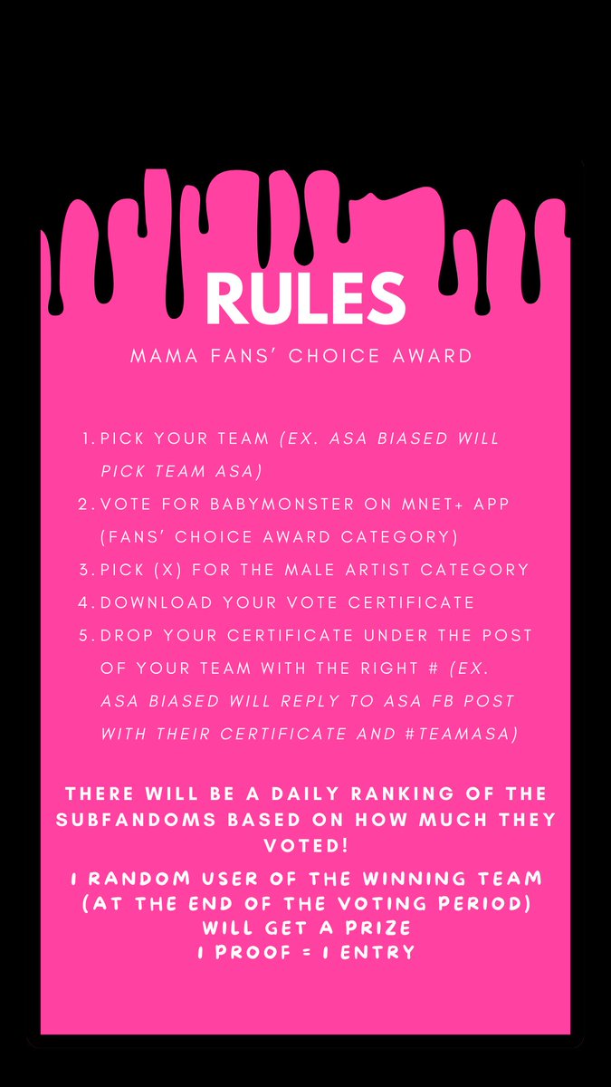 KawaiRukaTeam's tweet photo. 🏆 MAMA FANS' CHOICE AWARD COLLABORATION 🏆

Join a team and drop your voting proof with the # under your fanbase's post! Check the image for more infos!

#TEAMRUKA
#TEAMPHARITA
#TEAMASA
#TEAMAHYEON
#TEAMCHIQUITA

A prize will be given to a user of the winning team! https://t.co/4Au6mTuqSF