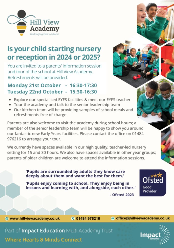 F.A.O - Parents of 2/3/4 year olds. 
Open evenings for prospective new starters are taking place this week (Monday and Tuesday). 
Come and have a look around, meet the staff and some of our fantastic pupils! Refreshments will also be provided.