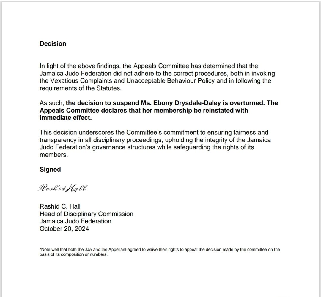 See full decision of the Appeals Committee of the Jamaica Judo Association, which was chaired by <a href="/RashcEsquire/">Rashid C. Hall</a>