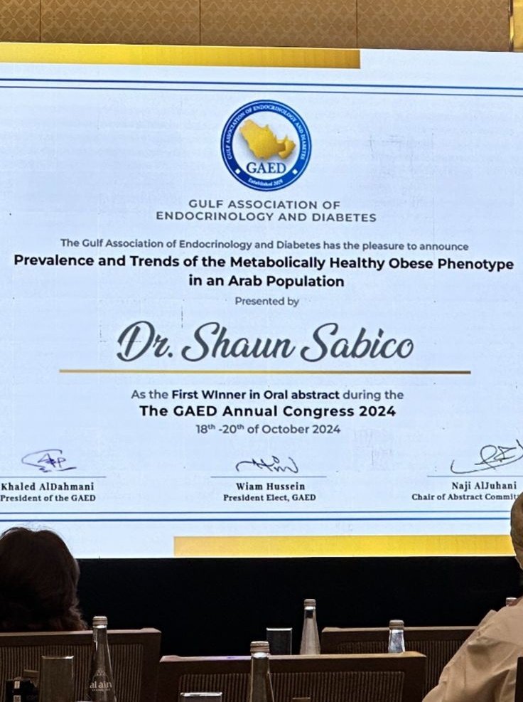 CBCDKSU's tweet image. 🎊🎊🎊
Congratulations to Dr. Shaun Sabico, deputy director of CBCD,  for winning first place🥇 in oral abstract during the #GAED annual congress 2024 held in Abu Dhabi, UAE. 

@GulfGaed
@NDaghri
@researchchairs
@BiochemistryKsu
@_KSU