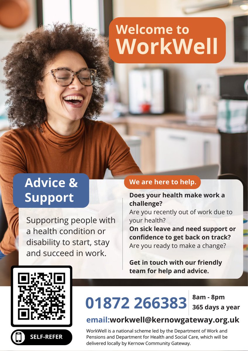Need support to stay in or return to work?

<a href="/DWPgovuk/">Department for Work and Pensions</a> &amp; <a href="/DHSCgovuk/">Department of Health and Social Care</a>'s Work Well scheme connects people with health conditions or disabilities to local services for tailored help.

📧 WorkWell@Kernowgateway.org.uk
🌐 tinyurl.com/3nr2w3cf

#KeepItCHAOS #WorkWellCornwall