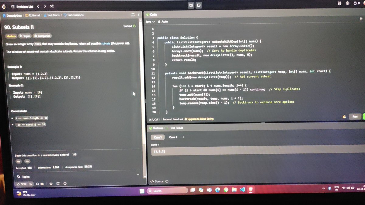 Stranger1282's tweet photo. Day - 152
365 Days of Code Challenge
Today i solved Subsets 2 with java

#code #coding #programmer #programming #coder #machine_learning #algorithms #software_engineer #community #leetcode #java #python #developers https://t.co/ERamB74Cdn