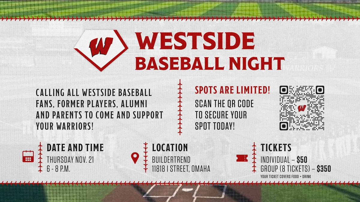 Join us for the 2025 Westside Baseball Night the evening of Thur, Nov 21 from 6/8PM at Buildertrend (11818 I Street) and support Warrior Baseball! 
$50 covers food, drink, and attendance to the age 21+ event. 
See you there!
Register: buff.ly/4f5aPe8...

#WeAreWestside